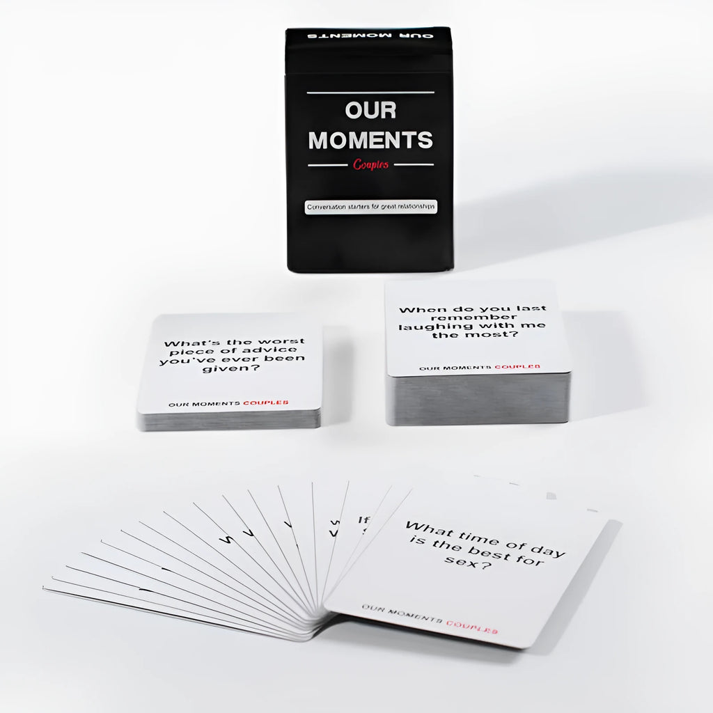Our Time Lovers Edition black box of communication cards for couples, showing coated paper cards for emotional exchange.