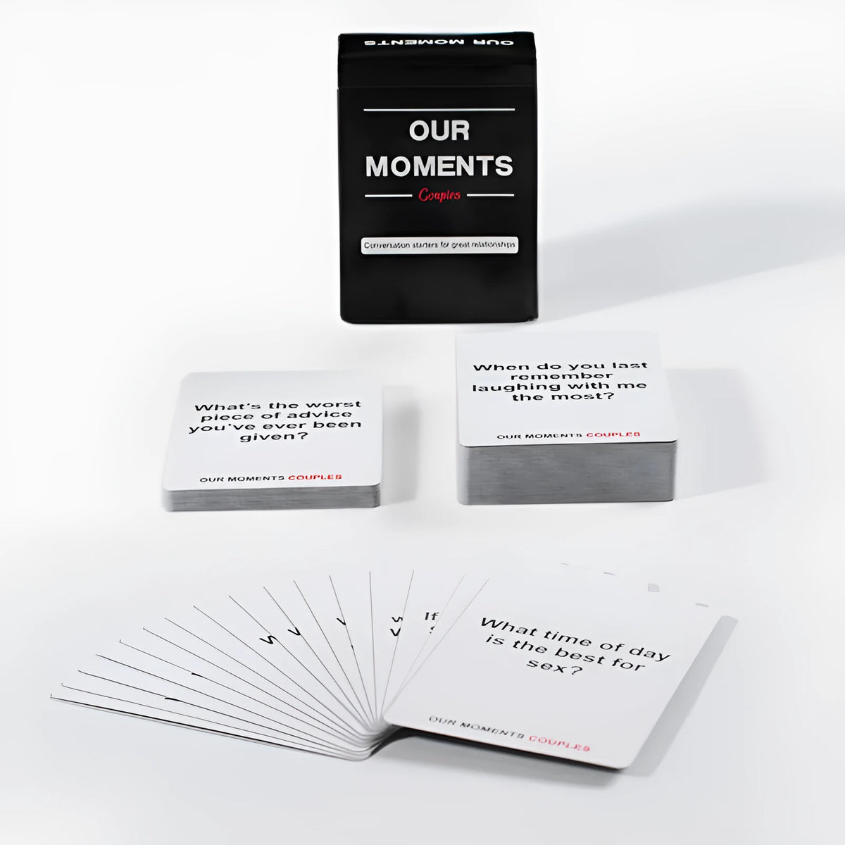 Our Time Lovers Edition black box of communication cards for couples, showing coated paper cards for emotional exchange.