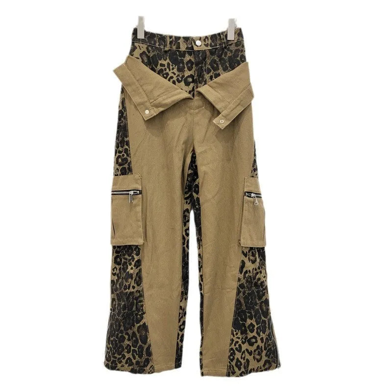 Dark khaki leopard print high waist jeans with straight legs and faux double stitching details