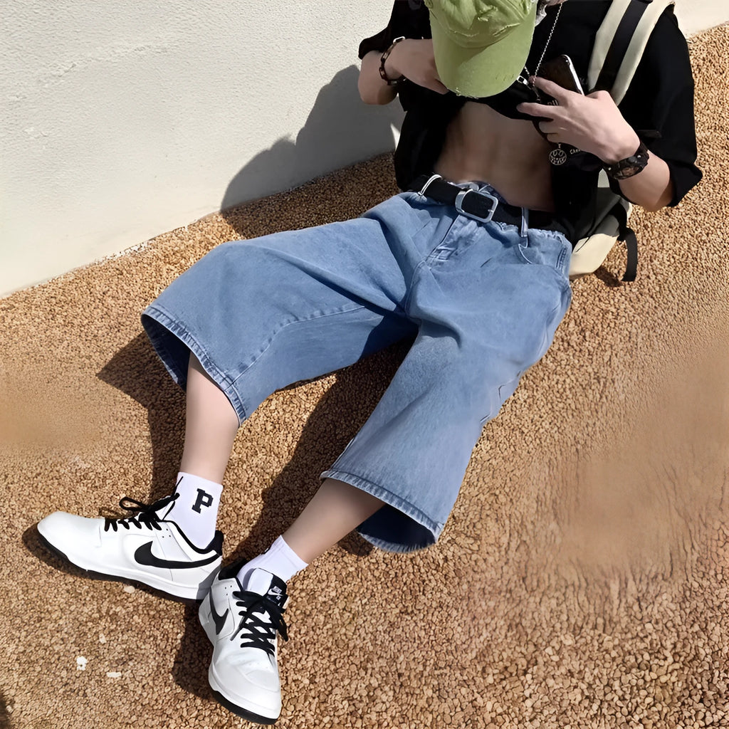 Men's blue washed denim pirate shorts with high waist and cropped straight-leg design
