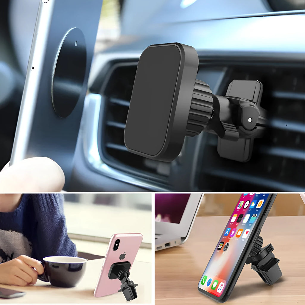 Black magnetic car phone holder attached to vehicle air vent with round head design