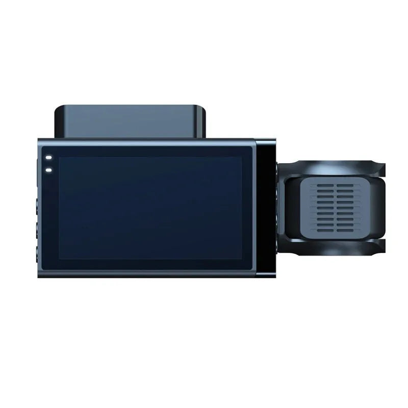 Black car dashboard camera with 5-inch screen on a windshield bracket.