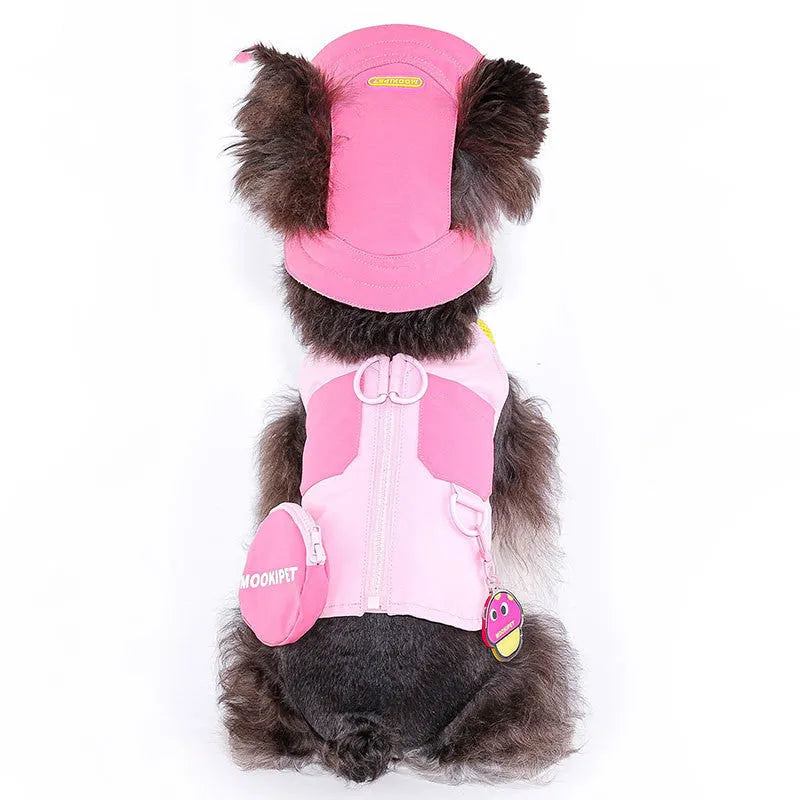 Pink polyester pet vest for small dog breeds on size chart showing XXS to XXL options