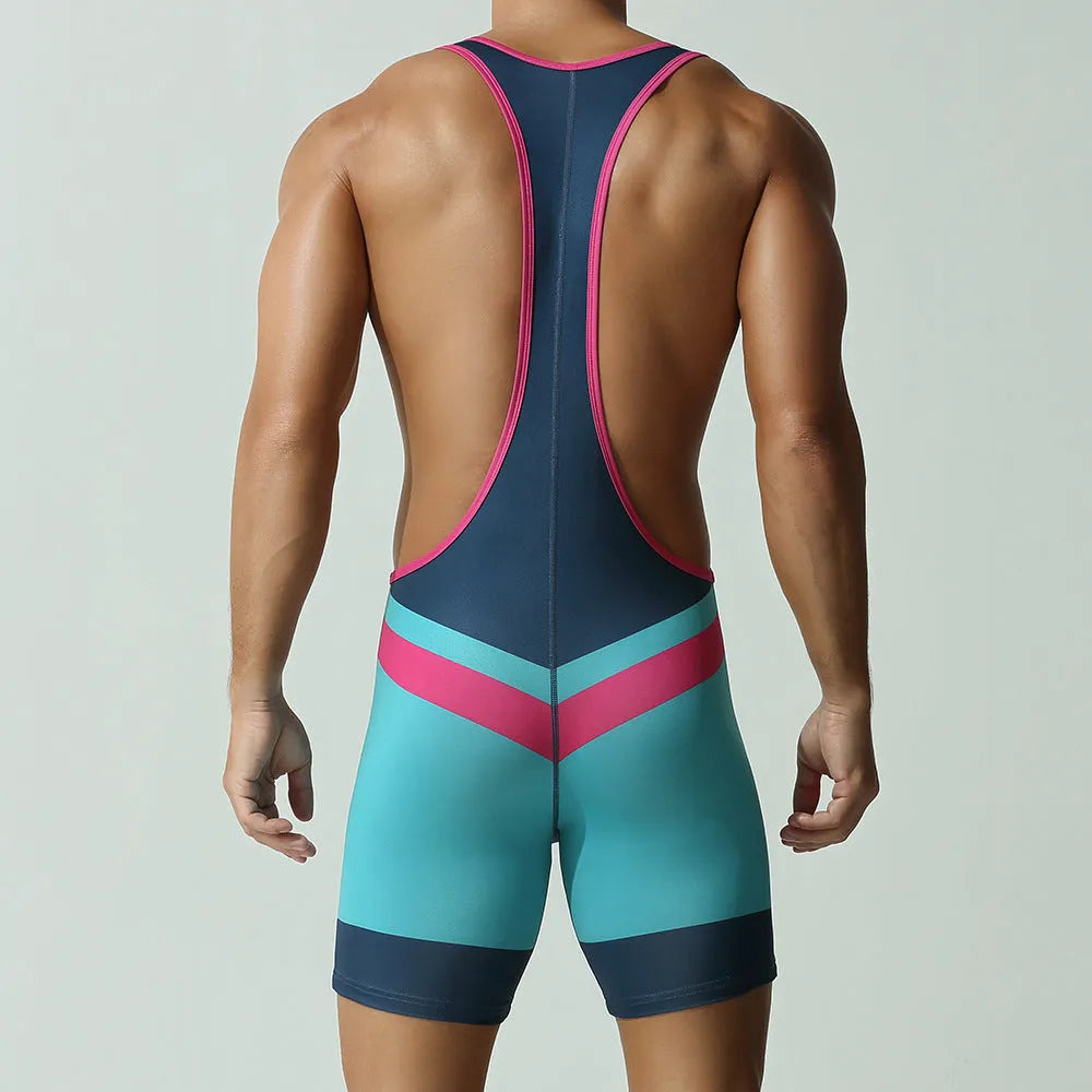 Men's solid-colour polyester sports jumpsuit in dream blue, shown front and back