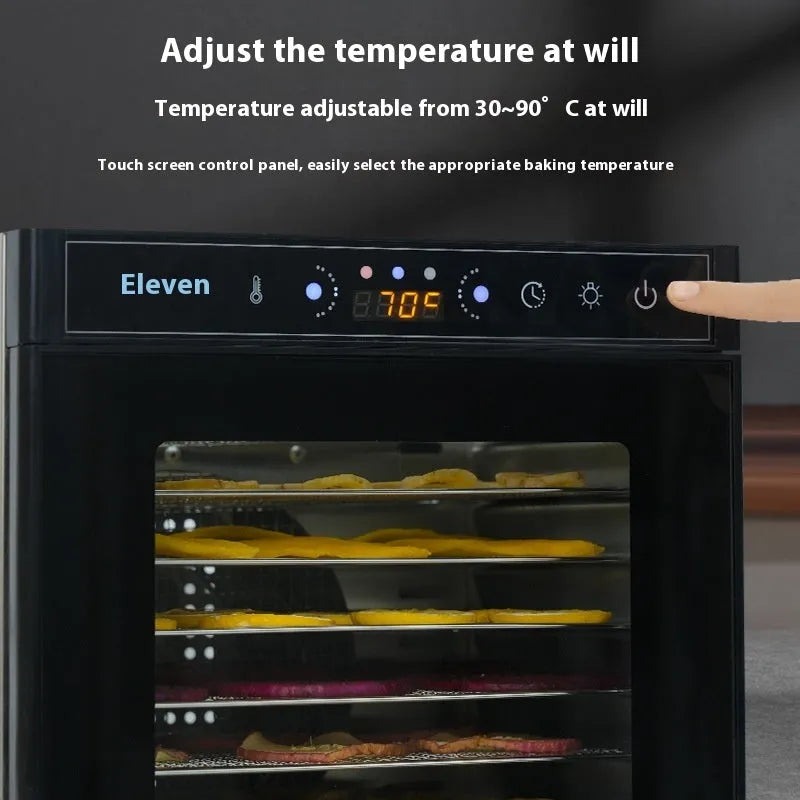 Stainless steel fruit dehydrator with transparent skylight lid showing six drying trays inside