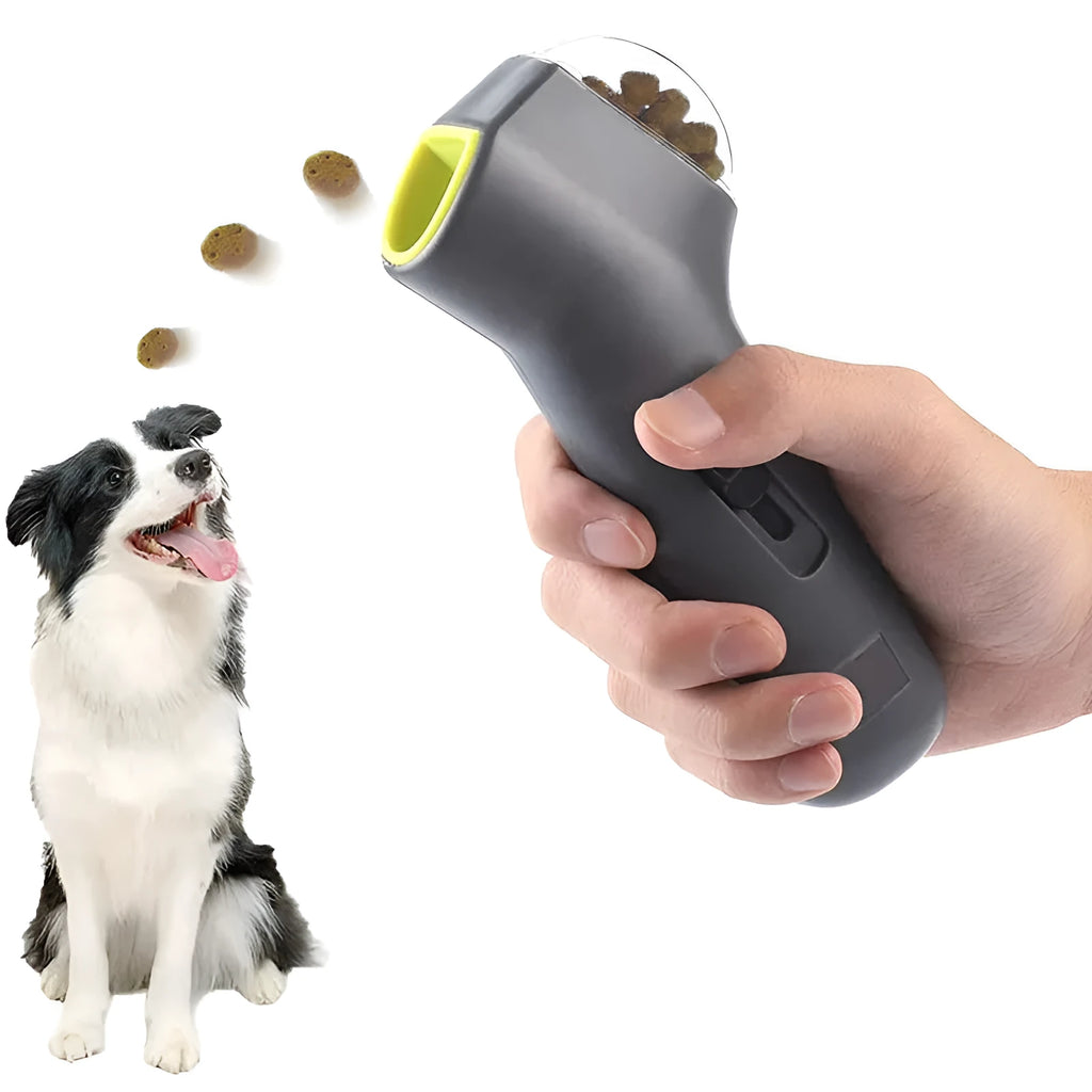 Grey pet snack catapult launcher with spring trigger for dogs and cats