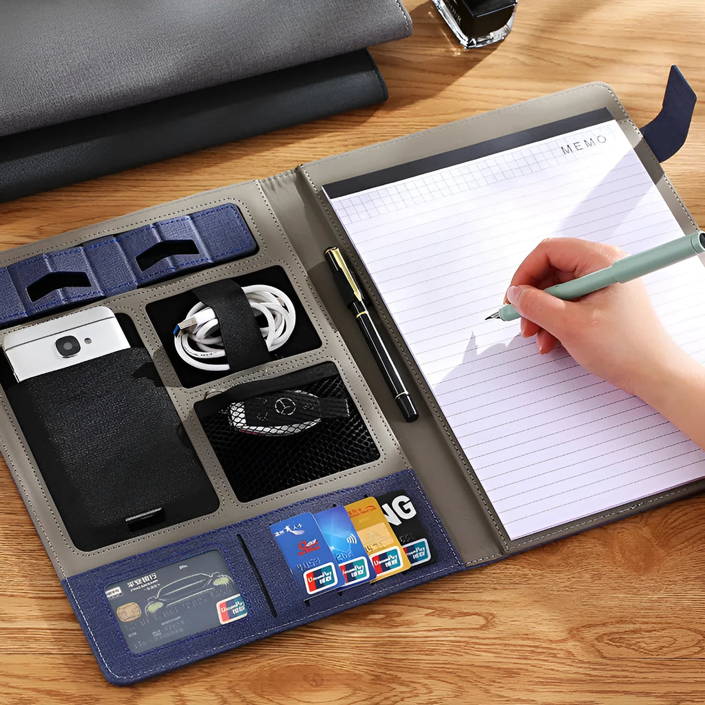 Leather A4 business folder in black showing pen and notepad configuration