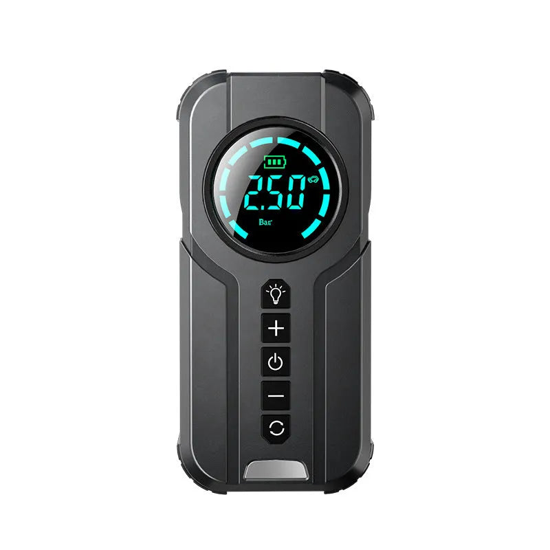 Wireless portable car tyre inflator with digital display, 6000mAh battery, and universal nozzles in carry case