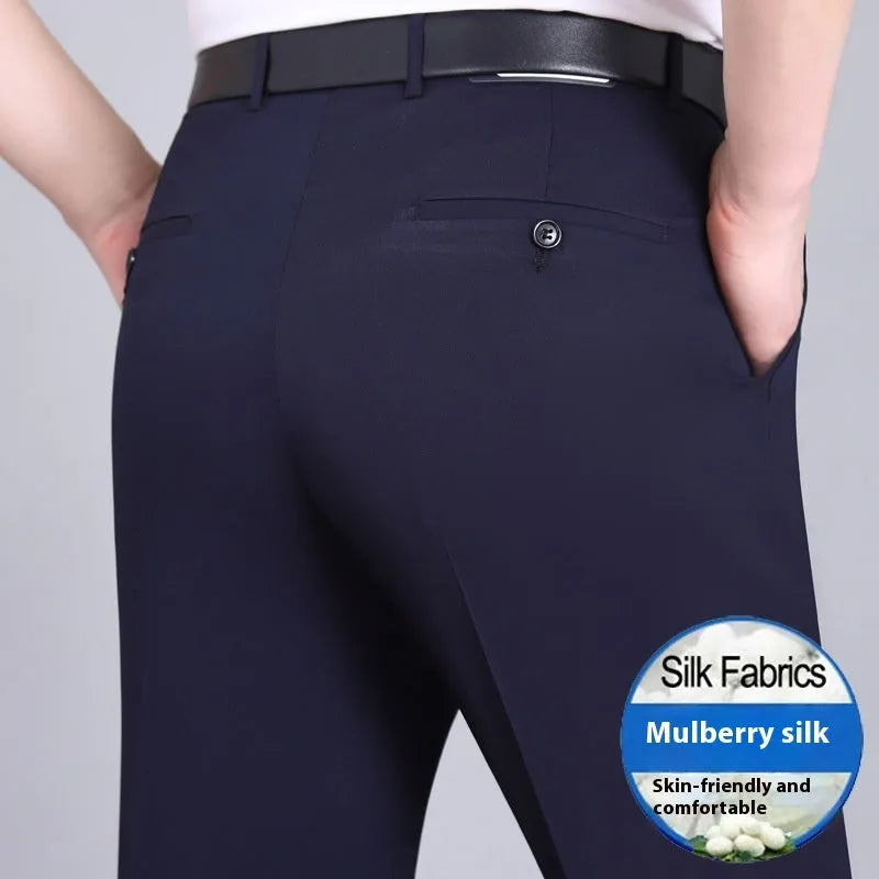 Men's straight-leg business trousers in mulberry silk blend fabric with non-iron properties