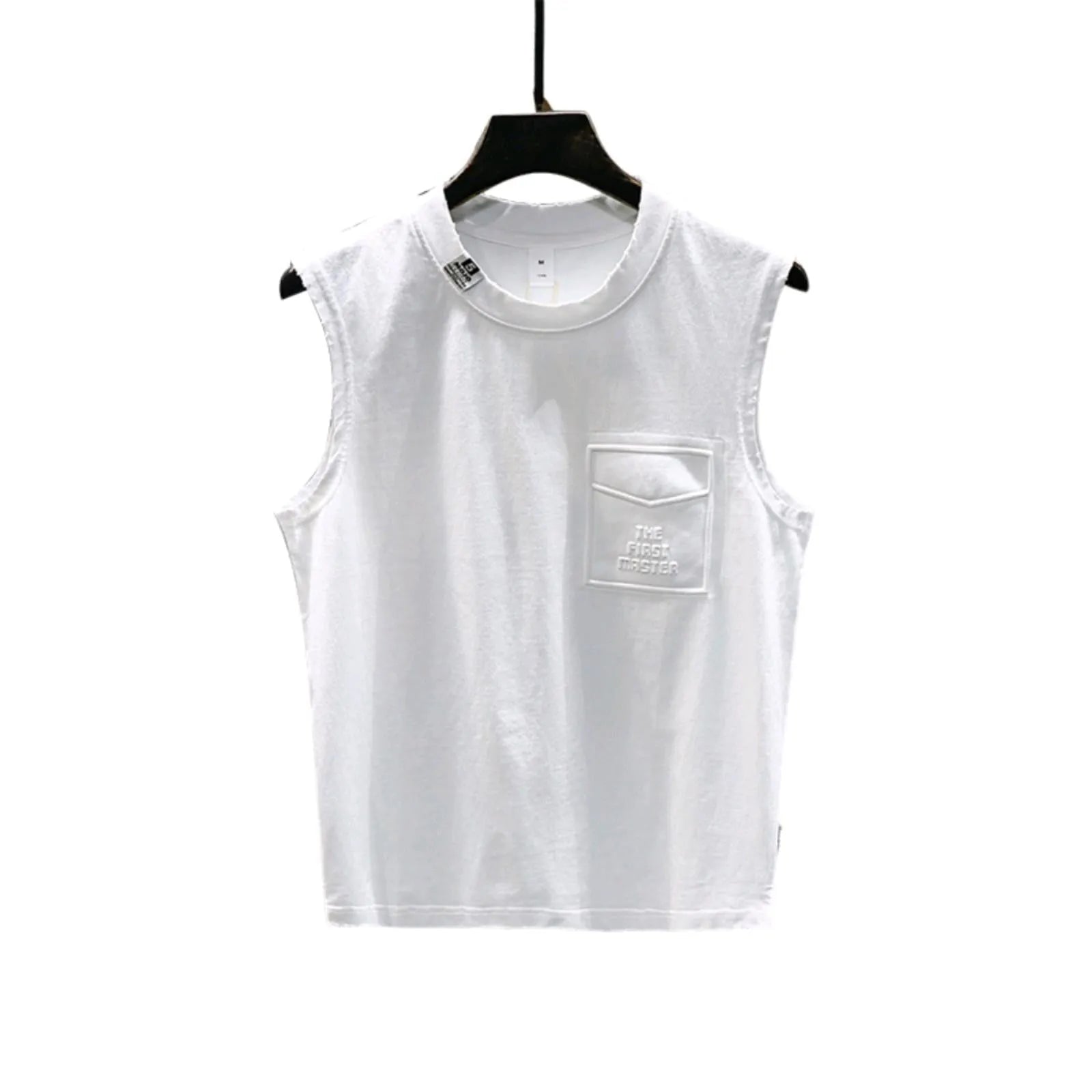 Man wearing a loose-fit black cotton sleeveless t-shirt or muscle tank.