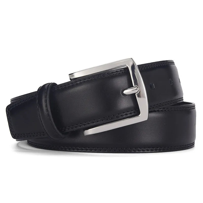Men's black genuine leather belt with a silver alloy pin buckle fastener on a plain background