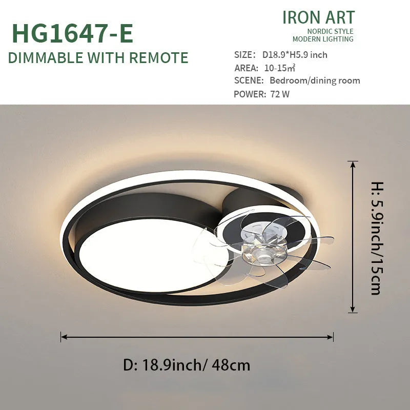 Nordic style 48cm ceiling fan light with metal blades and acrylic lampshade