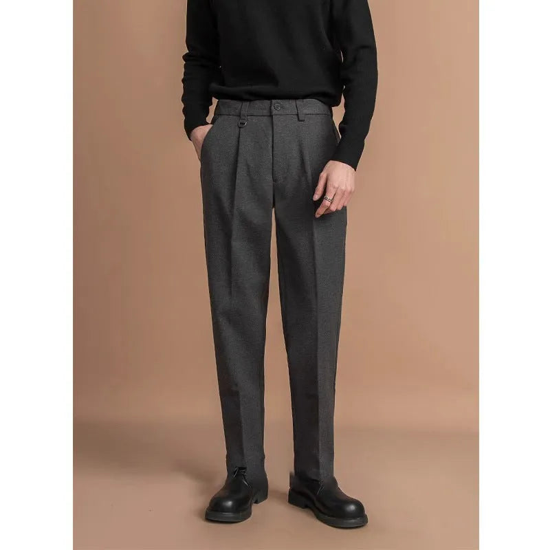 Men's straight-leg business casual trousers in polyester fabric with draped cut