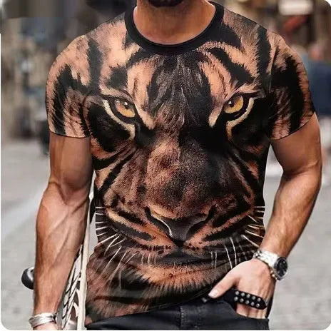 Men's black T-shirt featuring a fierce lion face with 3D printed graphic design.