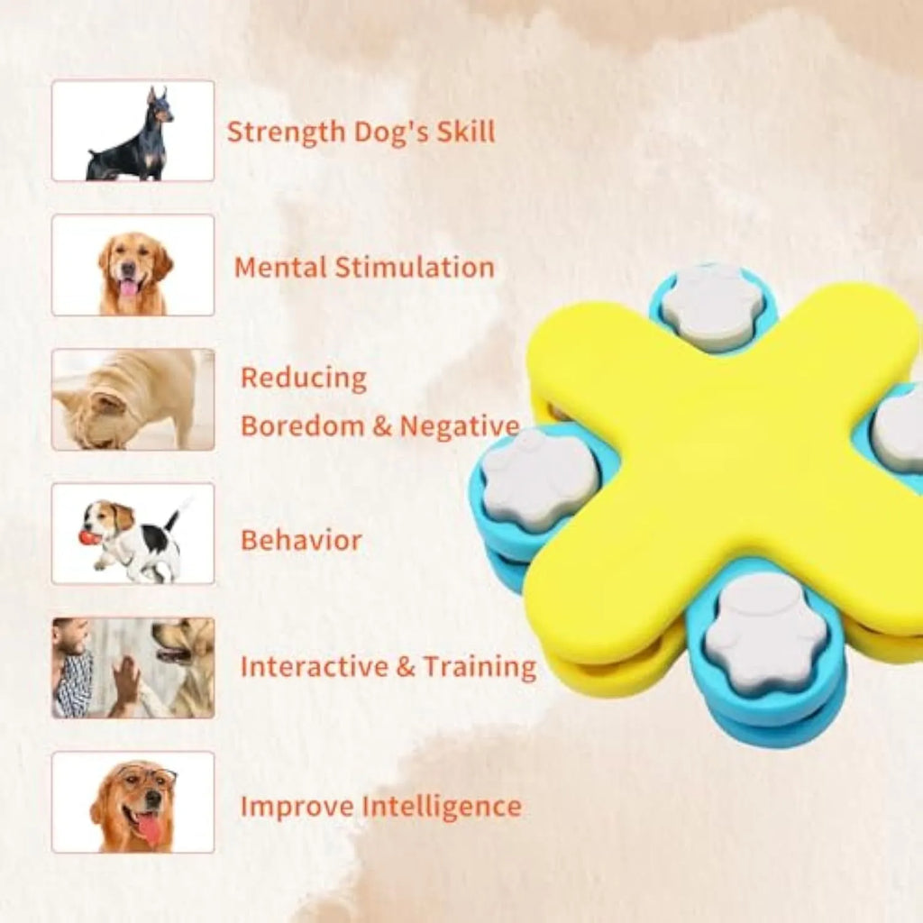 Yellow dog puzzle feeder toy with three rotating layers and a non-slip base for slow feeding and IQ training.