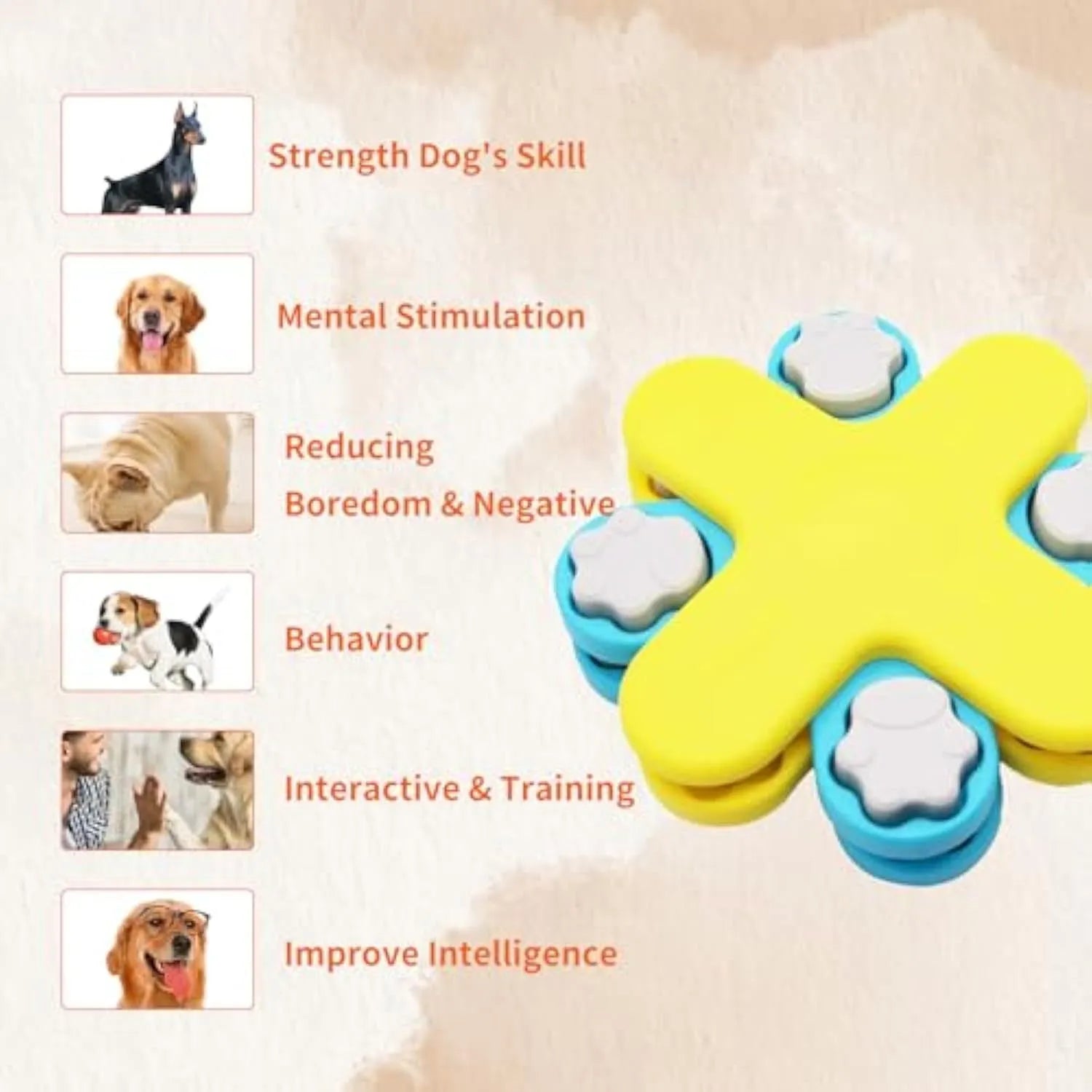 Yellow dog puzzle feeder toy with three rotating layers and a non-slip base for slow feeding and IQ training.