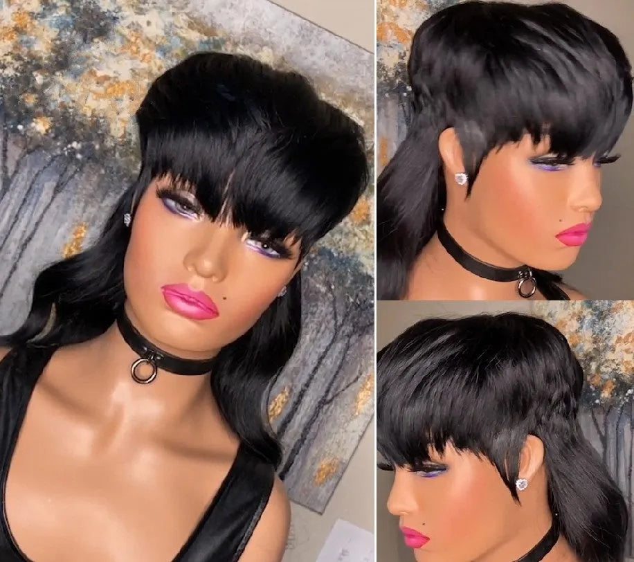 Black Brazilian wig with long hair, front bangs, and a short-back-long cut made from high-temperature fibre.