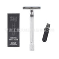 Manual stainless steel shaver and brush set for traditional wet shaving in black or silver finish