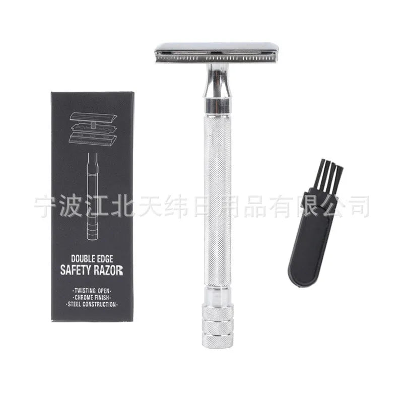 Manual stainless steel shaver and brush set for traditional wet shaving in black or silver finish