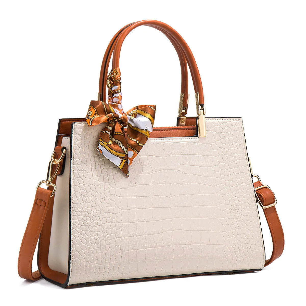 Milky white women's large-capacity PU shoulder handbag with internal organisers and slit pocket.