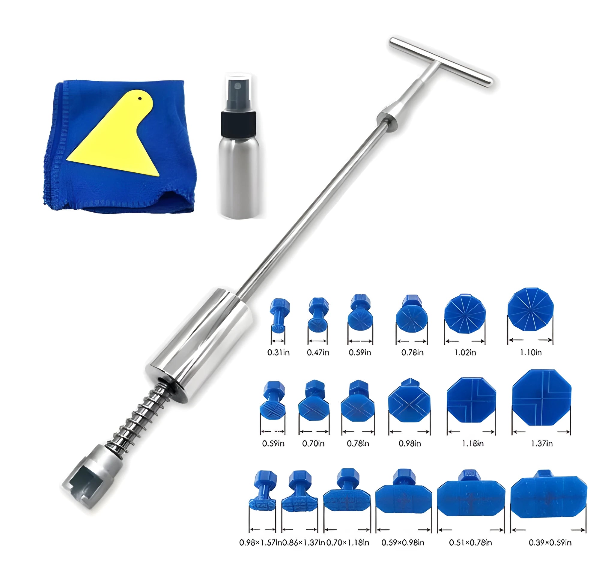 Automotive dent repair tool kit showing a metal T-shaped hammer and blue adhesive pads on a car panel.