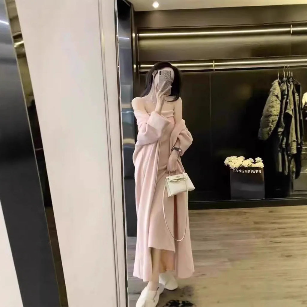 Women's grey knitted cardigan dress sweater two-piece suit with long skirt