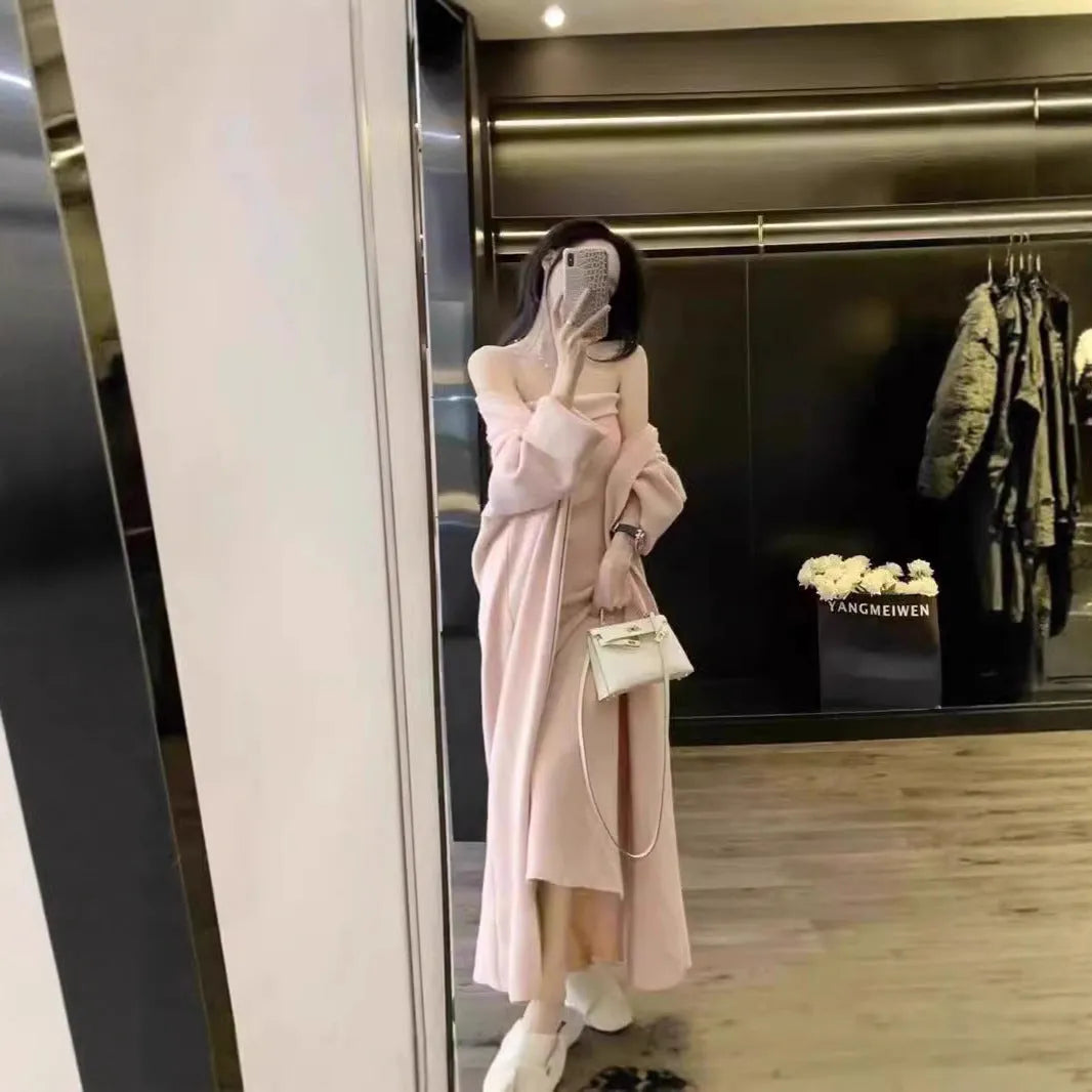 Women's grey knitted cardigan dress sweater two-piece suit with long skirt