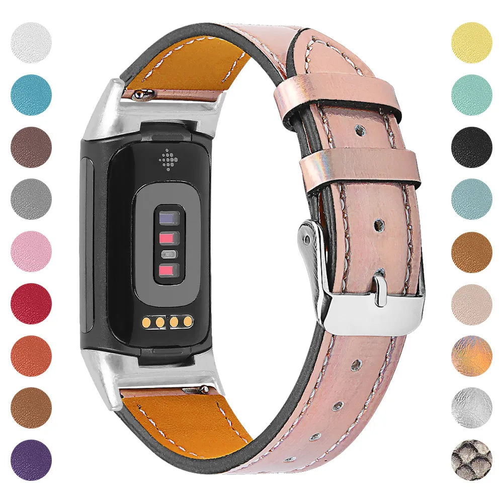 Genuine cowhide leather strap for Fitbit Charge 5 and Charge 6 smart watch in various colour options.