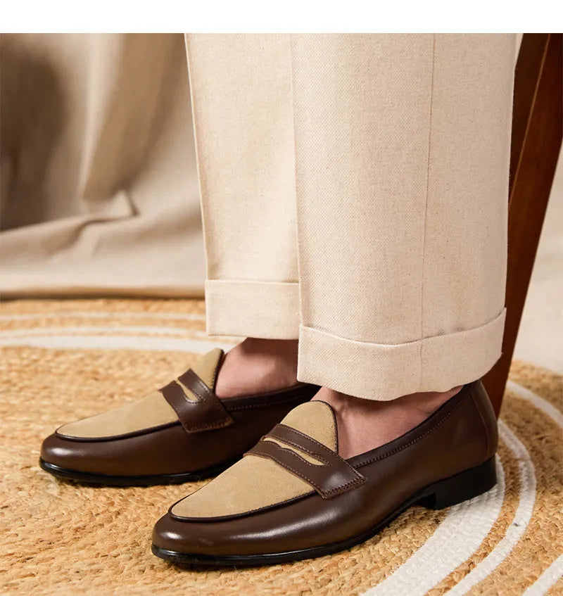 Coffee-grey suede leather men's loafers with a rubber sole and slip-on design