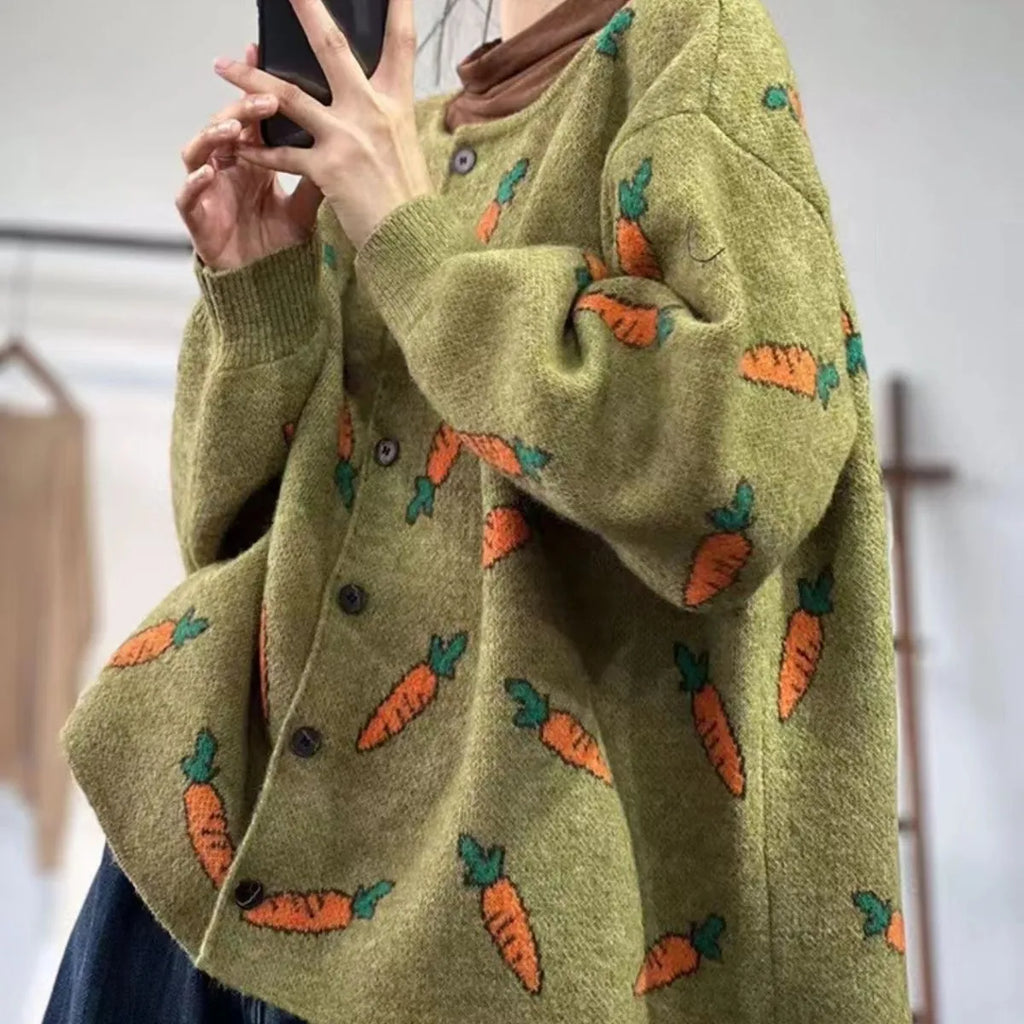 Mori artistic printing cardigan sweater with colour contrast pattern, loose casual cut