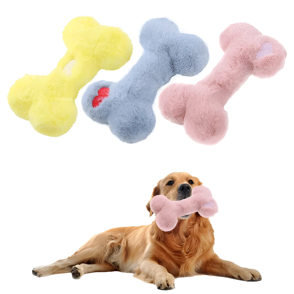 Blue plush bone dog toy with squeaker for small dogs chew-resistant play