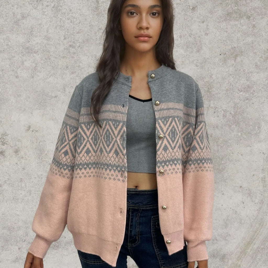 Long-sleeved red alpaca wool cardigan with a colourful diamond knit pattern