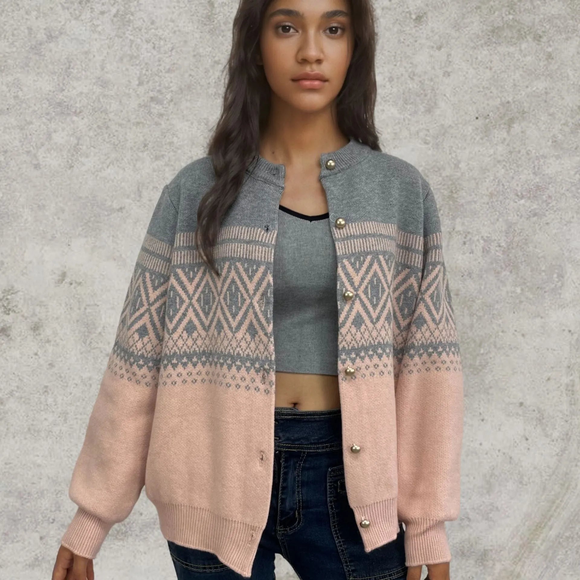 Long-sleeved red alpaca wool cardigan with a colourful diamond knit pattern