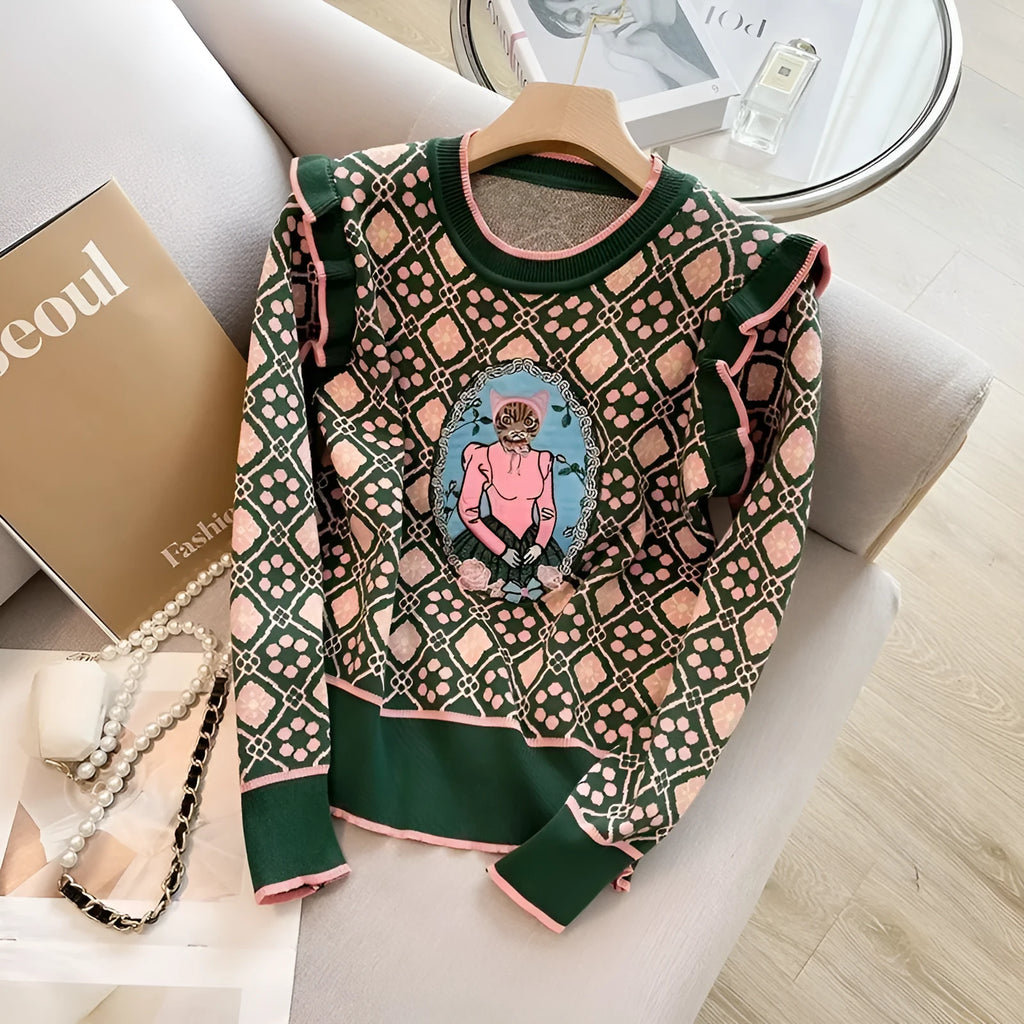 Green printed women's loose fit sweater with long sleeves and casual styling