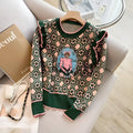 Green printed women's loose fit sweater with long sleeves and casual styling
