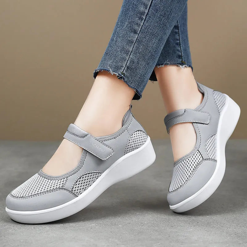 Women's grey mesh casual shoes with Velcro fastening and flat polyurethane sole
