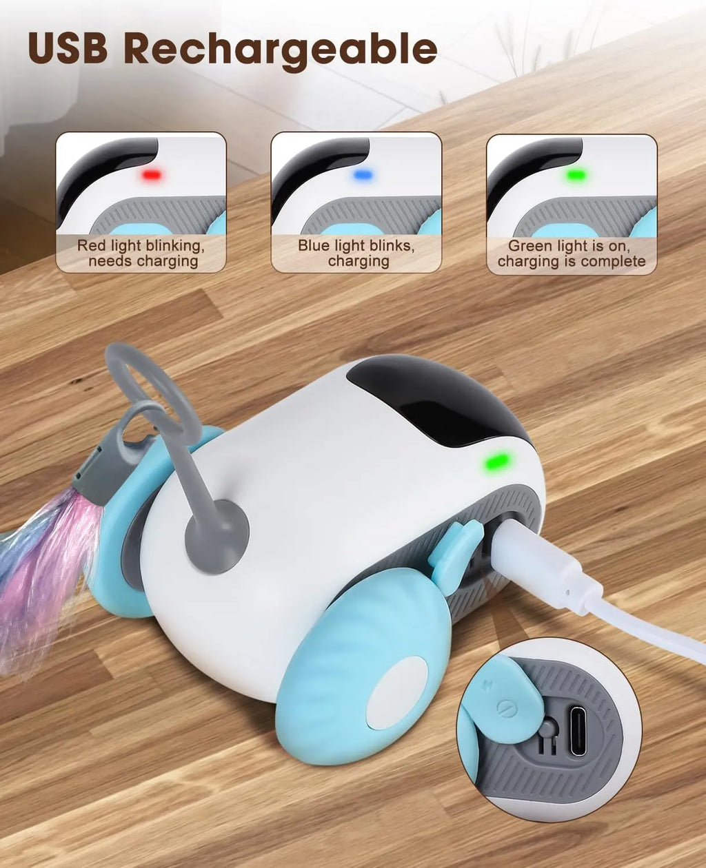 Interactive remote control cat toy car with feather teaser attachment in blue or orange colours