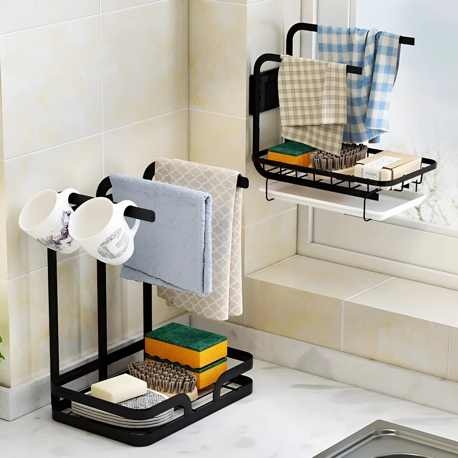 Foldable plastic kitchen storage rack for rag drainage with wall or table top mounting