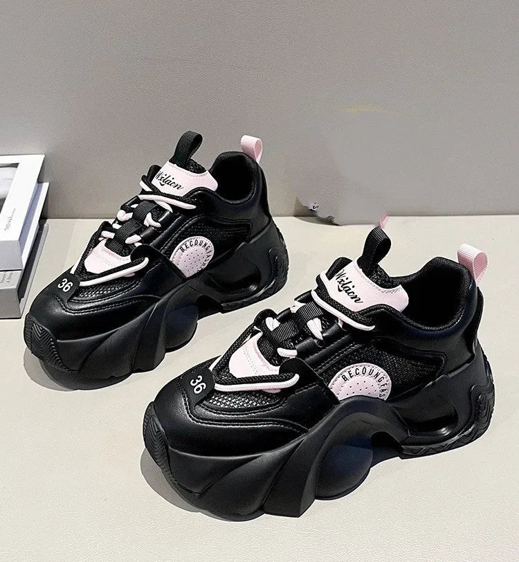 Women's thick sole casual sneakers with cross shoulder straps in beige artificial PU with mesh lining