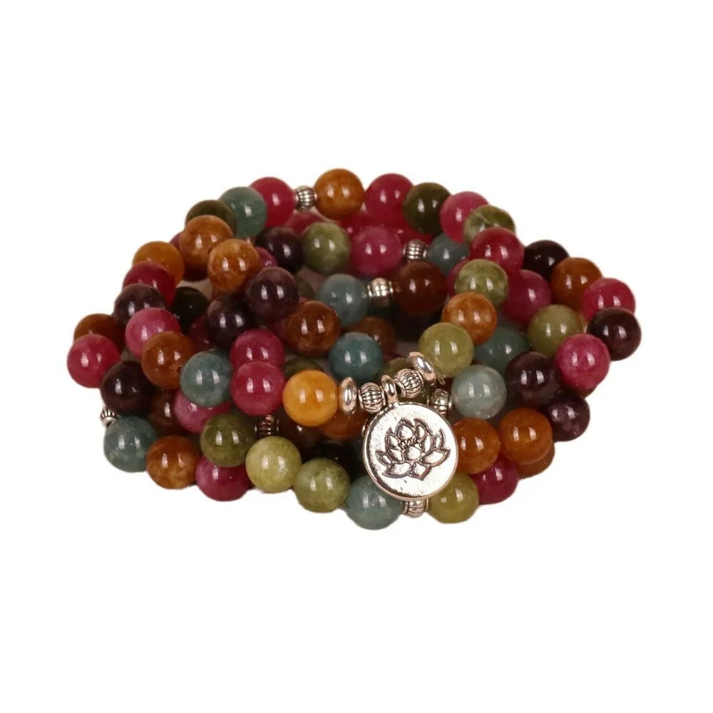 108-bead lotus hanging bracelet with tourmaline-coloured alloy beads on adjustable string