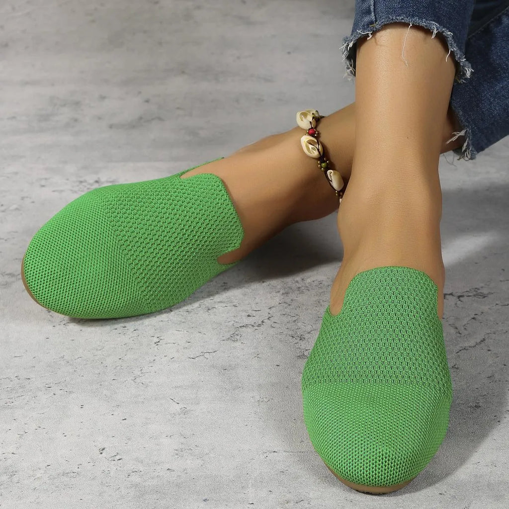 Apricot, blue, and green candy colour mesh slip-on loafers with round toe and rubber sole.