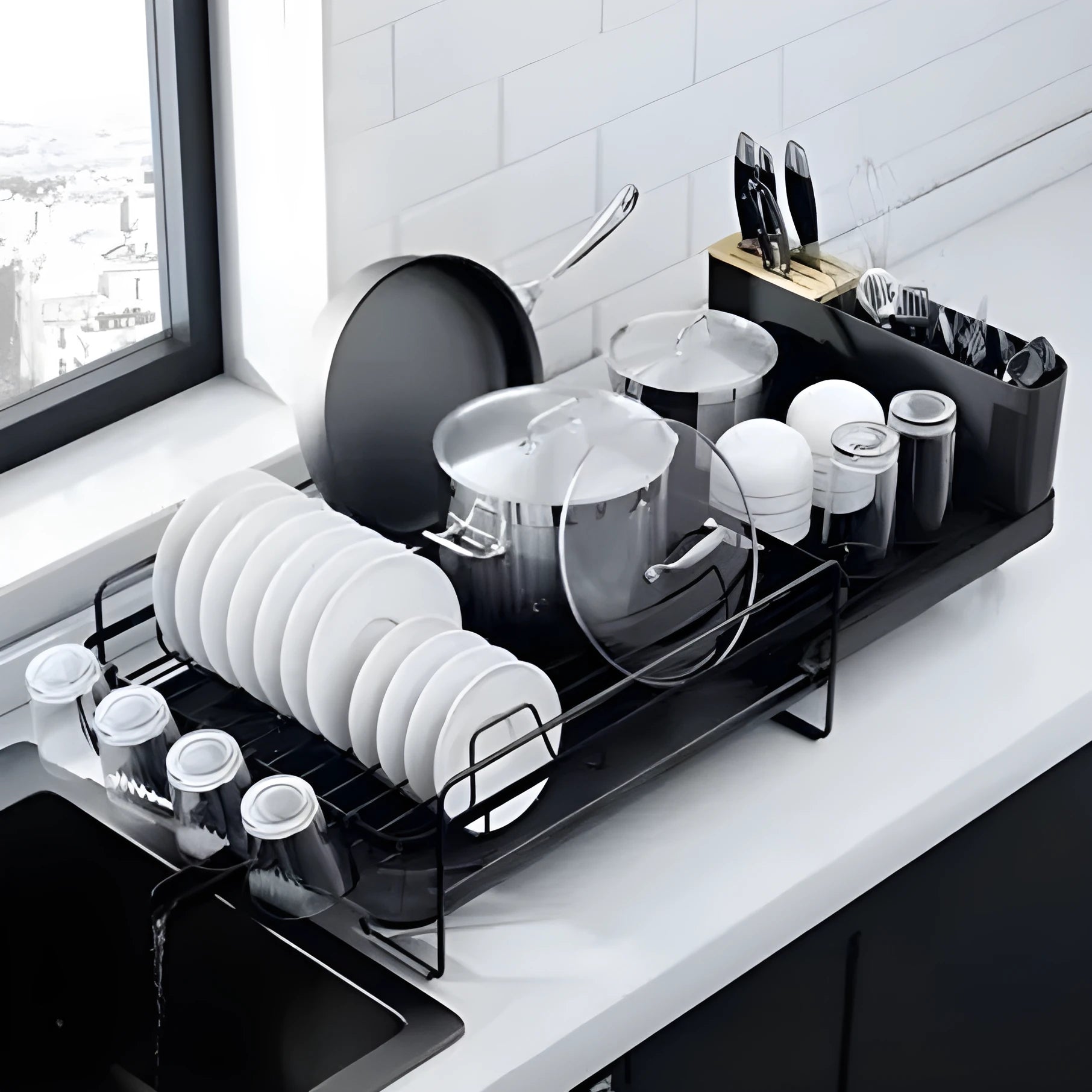 Carbon steel foldable kitchen dish drain rack with sections for cutlery and cups