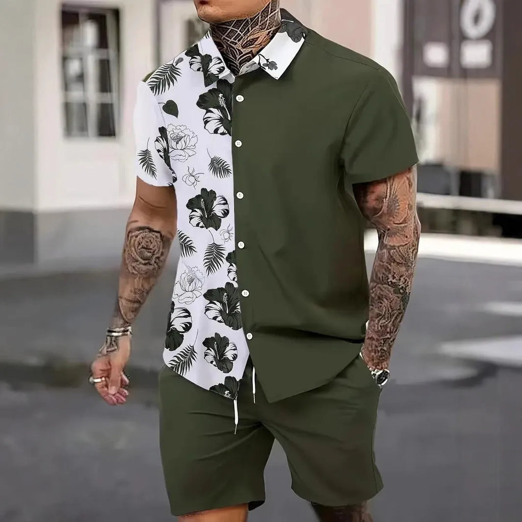 Men's Hawaiian print 3D short sleeve suit top and shorts set on a mannequin.