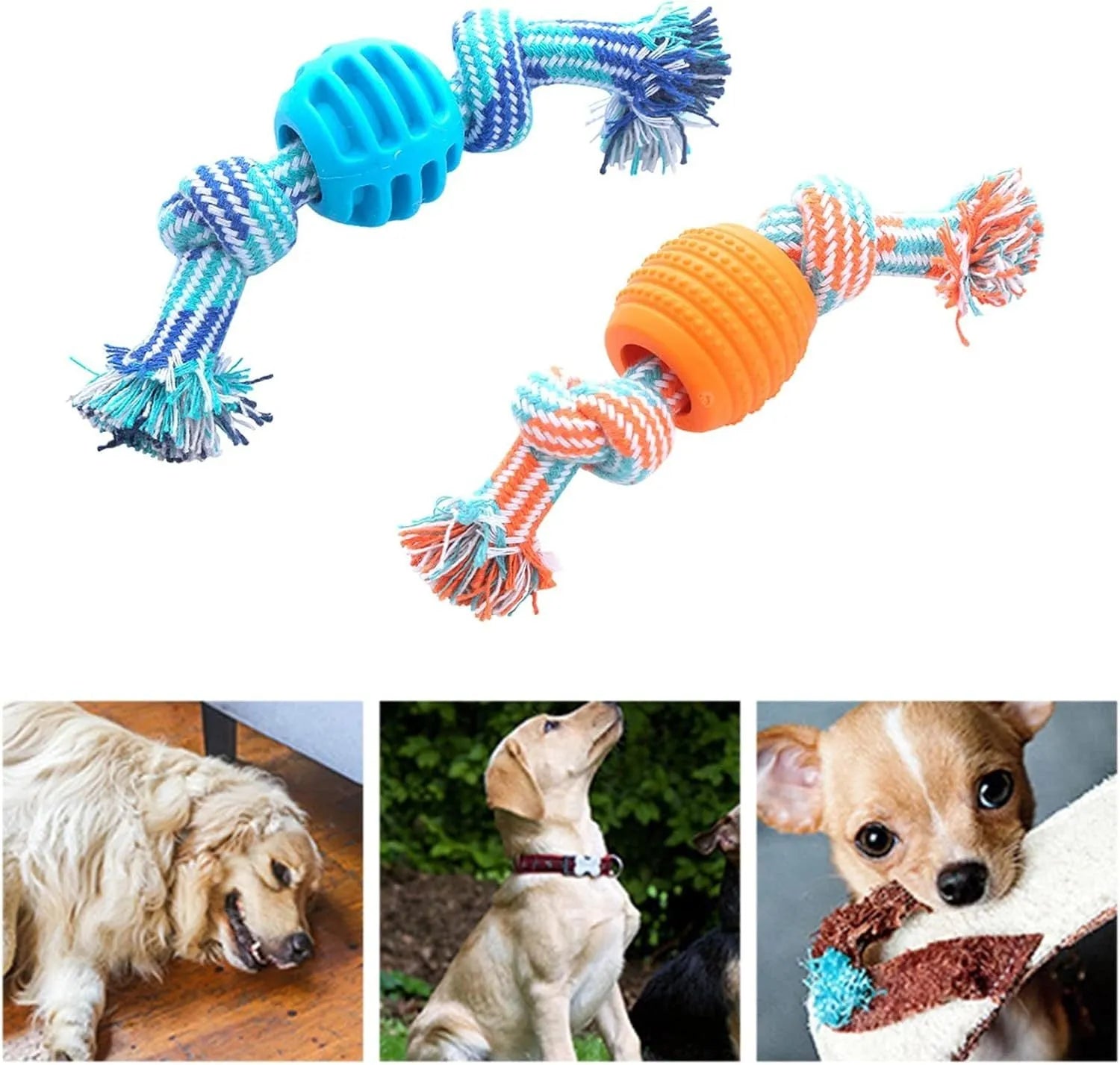 Blue dog chew toy with rope handles and textured surfaces for dental cleaning