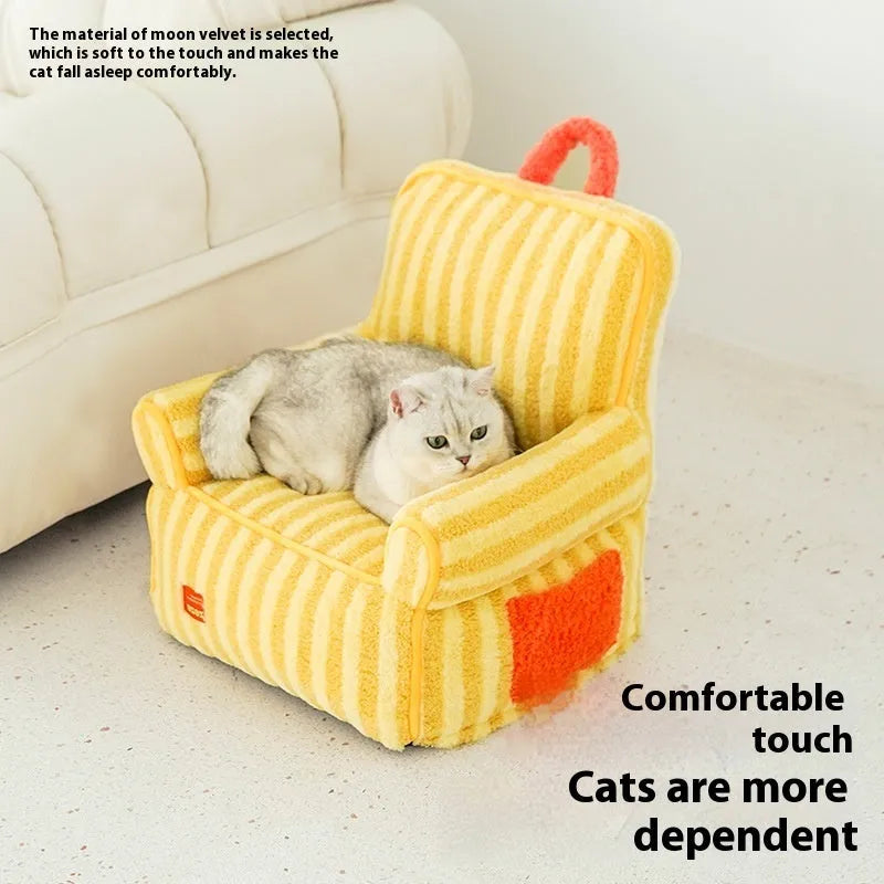 Striped orange plush fabric dog bed with a removable cover on a wooden floor.