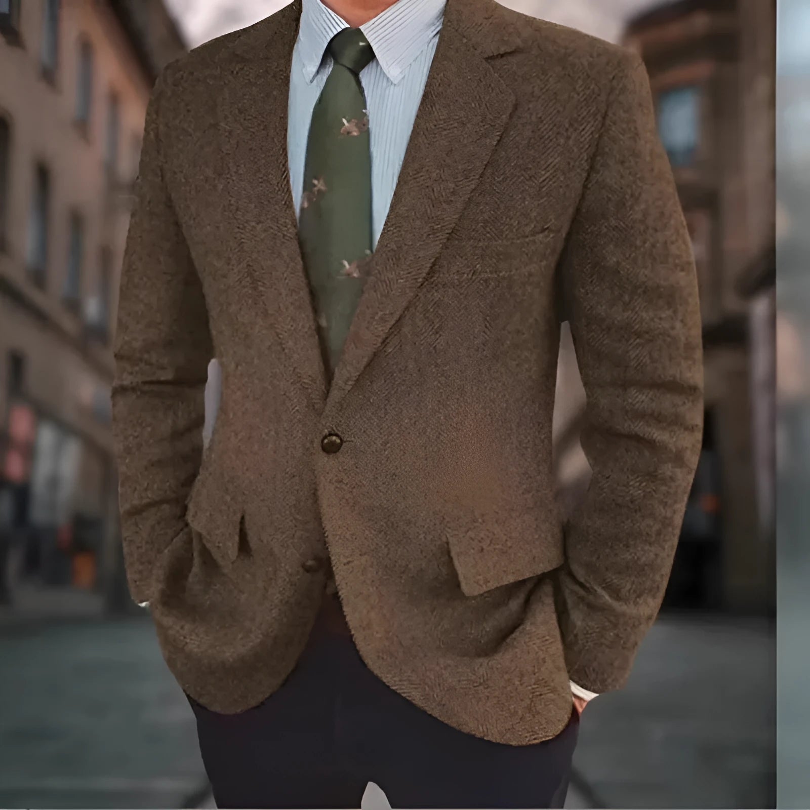 Men's brown herringbone pattern suit jacket with long sleeves and a retro business casual style.
