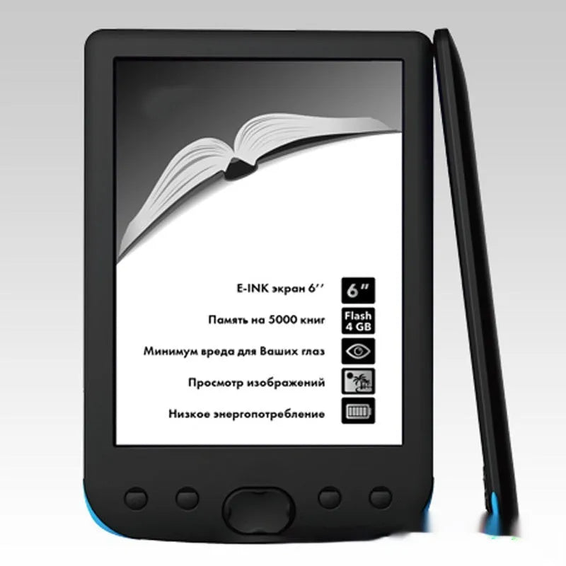 Black 6-inch E-ink e-book reader showing its paper-like display screen