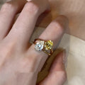 Copper geometric women's open ring with water drop double Sheng stone in contrast colour zircon setting