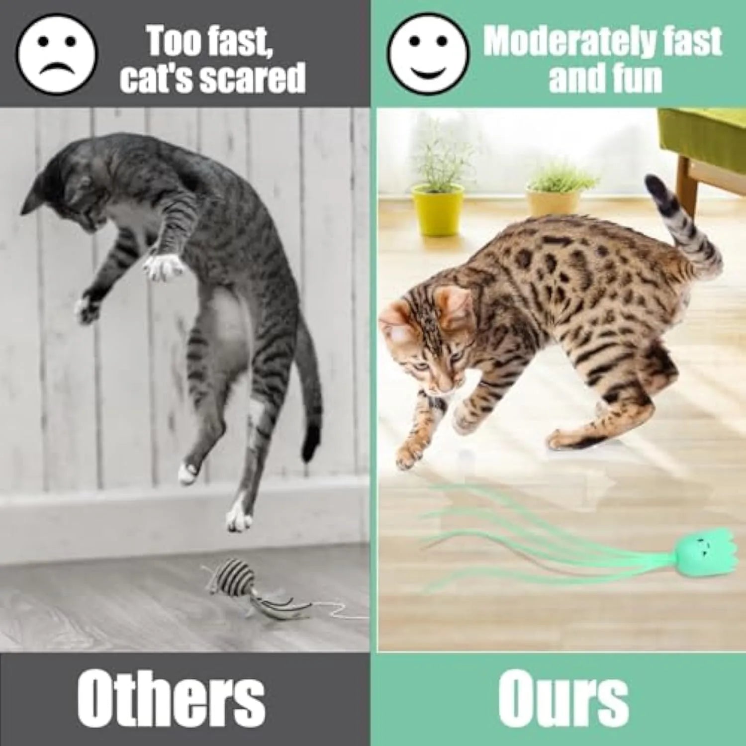 Green electronic cat wand toy with swinging silicone tails for indoor feline play