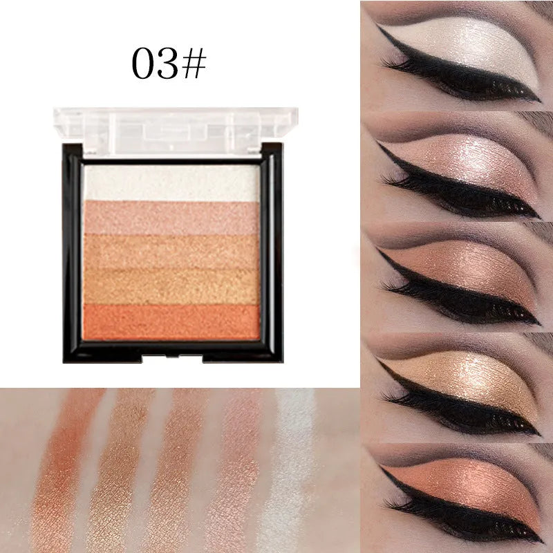 Eye shadow palette compact with six colour options for three-dimensional brightening and contouring.